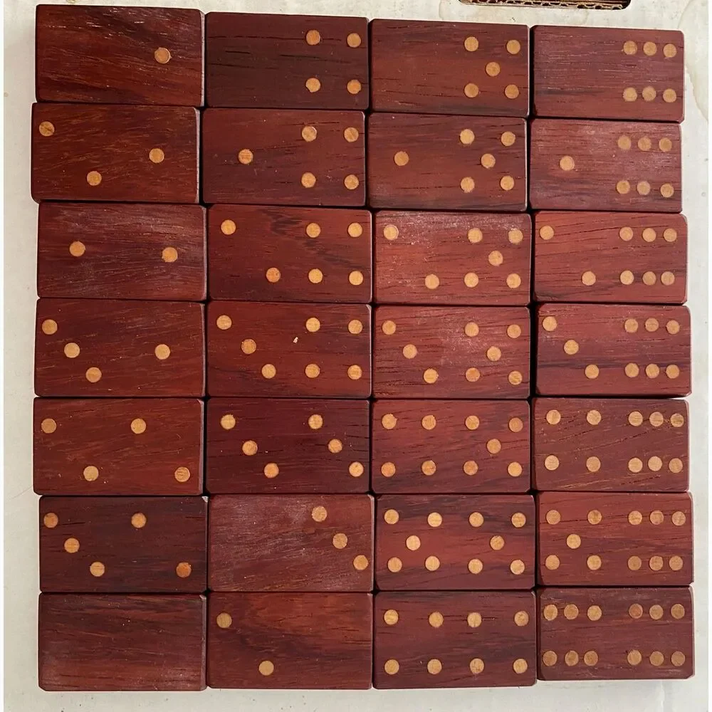 Vintage Wooden Dominoes Set Double 6 Handcrafted Red Wood 28 Tiles Velvet Bag